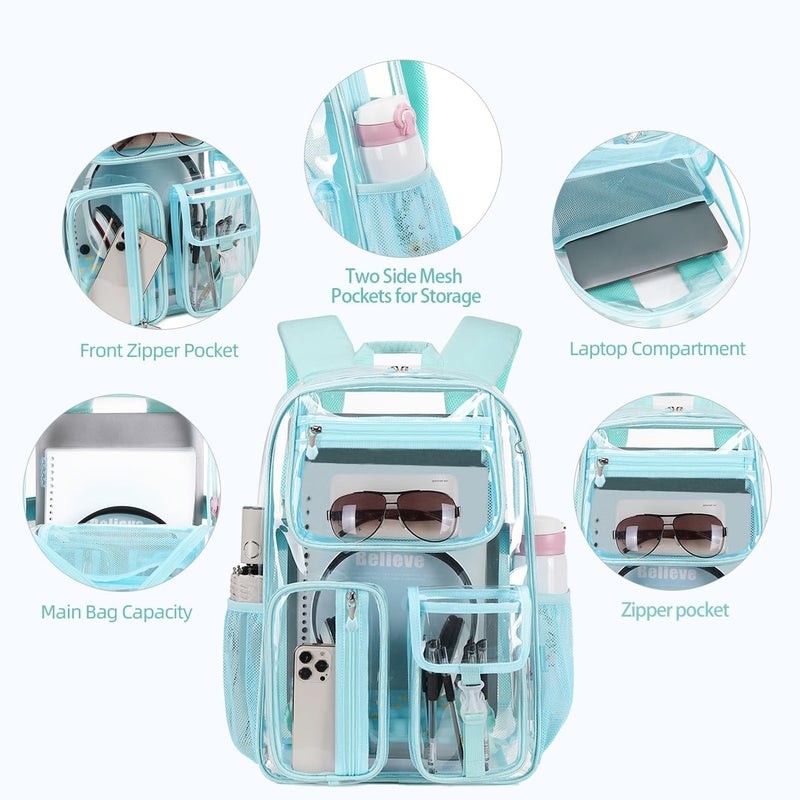 Cusangel Clear Light Blue Backpack For Girls, Heavy Duty Transparent BookBag,16inch TPU Large Capacity See Through Bag for Sport Events,Travel,Stadiums,Work - Image 3